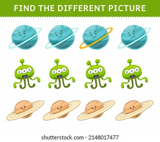 Education game for children find the different picture in each row cute cartoon solar system uranus planet alien saturn