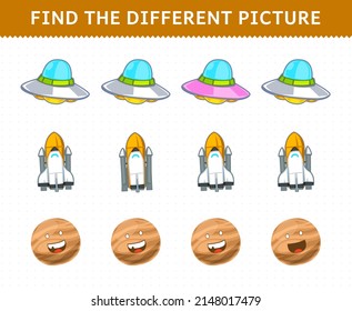 Juego de educación para los niños encuentra la imagen diferente en cada fila lindo sistema solar de caricatura a través del planeta de nave espacial