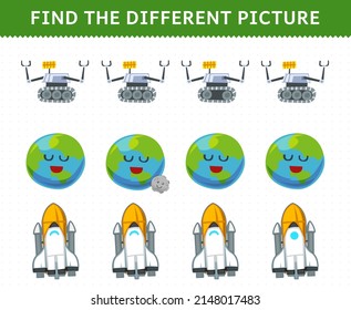 Education game for children find the different picture in each row cute cartoon solar system robot earth planet spaceship