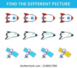 Education game for children find the different picture in each row cute cartoon solar system rocket spaceship satellite
