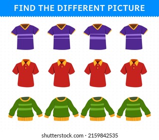 Education game for children find the different picture in each row cartoon wearable clothes jersey polo shirt sweater