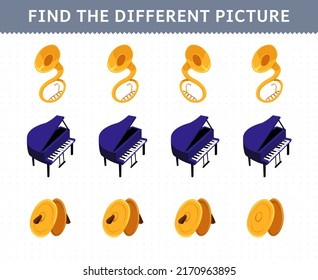 Education game for children find the different picture in each row of cartoon music instrument sousaphone piano cymbals printable worksheet