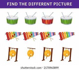 Education game for children find the different picture in each row of cartoon music instrument drum xylophone gong printable worksheet