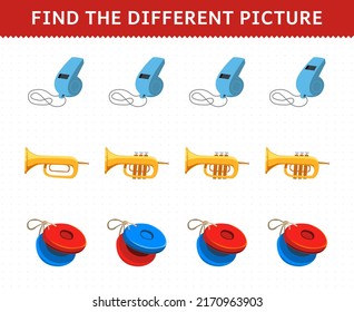 Education game for children find the different picture in each row of cartoon music instrument whistle trumpet castanet printable worksheet