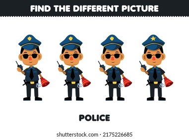 El juego de la educación para los niños encuentra la diferente imagen de la linda profesión de caricatura policial hoja de trabajo imprimible