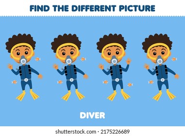 Education game for children find the different picture of cute cartoon diver profession printable worksheet