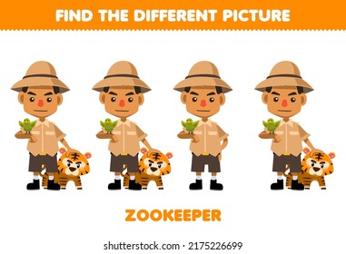 Erziehungsspiel für Kinder finden Sie das unterschiedliche Bild von süßem Cartoon Zookeeper-Beruf druckbare Arbeitsblatt