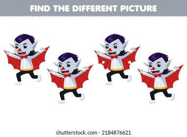 Education game for children find the different picture in each row of cute cartoon dracula costume halloween printable worksheet