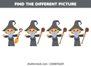 Education game for children find the different picture in each row of cute cartoon wizard costume halloween printable worksheet