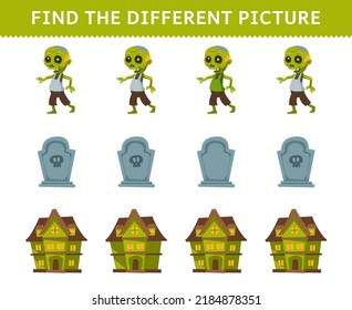 Education game for children find the different picture in each row of cute cartoon zombie costume tombstone spooky house halloween printable worksheet