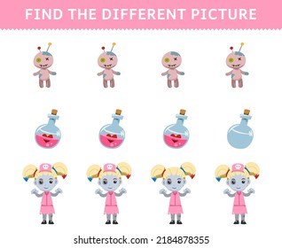 Education game for children find the different picture in each row of cute cartoon voodoo doll potion bottle zombie girl costume halloween printable worksheet