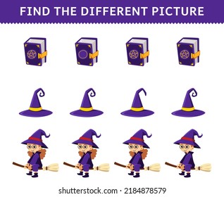 Education game for children find the different picture in each row of cute cartoon magic book hat witch costume halloween printable worksheet