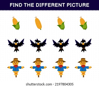 Education game for children find the different picture in each row of cute cartoon corn crow scarecrow printable farm worksheet