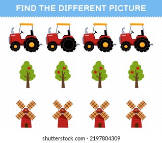 Erziehungsspiel für Kinder findet das unterschiedliche Bild in jeder Reihe süßer Cartoon-Traktor-Baummühle, bedruckbares Farmblatt