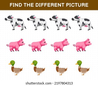 Education game for children find the different picture in each row of cute cartoon cow pig duck printable farm worksheet
