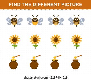 Education game for children find the different picture in each row of cute cartoon bee sunflower honey jar printable farm worksheet