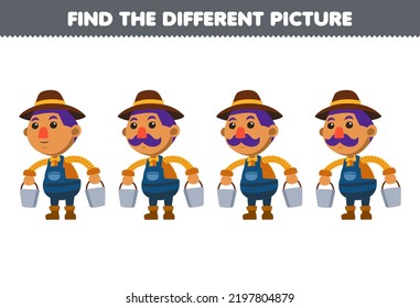 El juego de la educación para los niños encuentra la diferente imagen de un tierno granjero de bigote de dibujos animados llevando una hoja de cálculo de una granja imprimible con un cubo