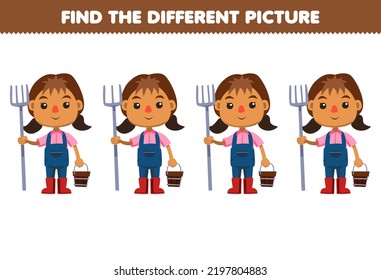 El juego de la educación para los niños encuentra la diferente imagen de una linda agricultora de dibujos animados llevando rastrillos y una hoja de trabajo de granja imprimible con cubo