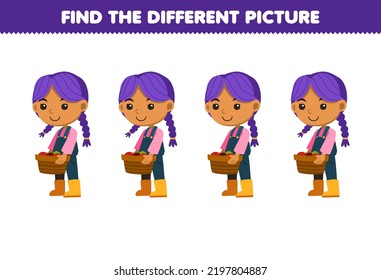 Education game for children find the different picture of cute cartoon farmer girl carrying fruit basket printable farm worksheet