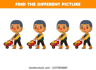 Education game for children find the different picture of cute cartoon farmer boy pushing a wheelbarrow full of vegetables printable farm worksheet