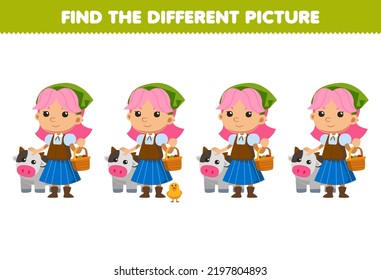 Education game for children find the different picture of cute cartoon farmer girl carrying a basket while stroking a cow head printable farm worksheet