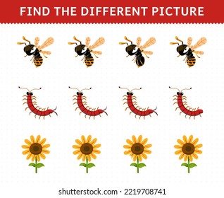 Education game for children find the different picture in each row of cute cartoon bee centipede sunflower printable bug worksheet