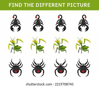 Education game for children find the different picture in each row of cute cartoon scorpion mantis spider printable bug worksheet