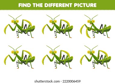 Education game for children find the different picture of cute cartoon mantis printable bug worksheet