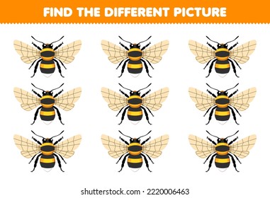 Education game for children find the different picture of cute cartoon bee printable bug worksheet
