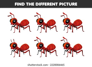 Education game for children find the different picture of cute cartoon ant printable bug worksheet