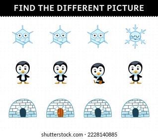 Education game for children find the different picture in each row of cute cartoon snowflake penguin igloo printable winter worksheet