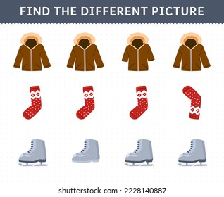 Education game for children find the different picture in each row of cute cartoon jacket sock ice skating shoe printable winter worksheet