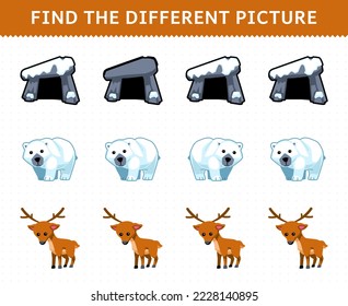 Education game for children find the different picture in each row of cute cartoon den polar bear deer printable winter worksheet