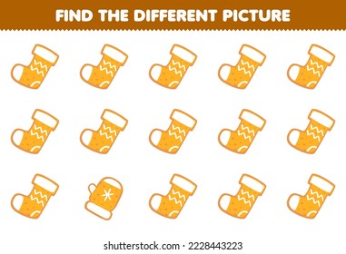 Education game for children find the different picture of cute cartoon cookie with sock shape printable winter worksheet