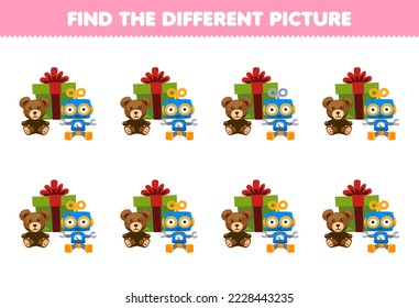 Erziehungsspiel für Kinder finden Sie das unterschiedliche Bild von süßen Cartoon Geschenkbox Teddybär und Roboterspielzeug druckbare Winterarbeitsblatt
