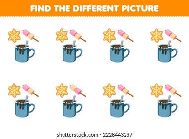 Education game for children find the different picture of cute cartoon cookie marshmallow and hot chocolate printable winter worksheet