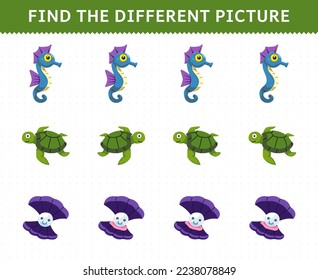 Education game for children find the different picture in each row of cute cartoon seahorse turtle shell printable underwater worksheet