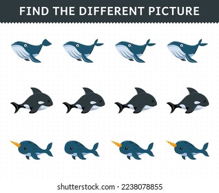 Education game for children find the different picture in each row of cute cartoon whale orca narwhal printable underwater worksheet