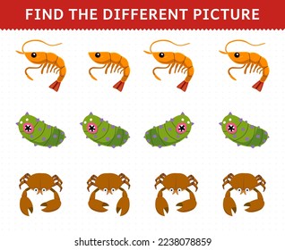 Education game for children find the different picture in each row of cute cartoon shrimp sea cucumber crab printable underwater worksheet