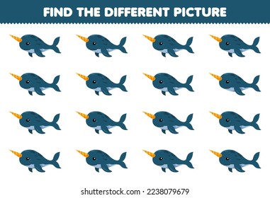Education game for children find the different picture of cute cartoon narwhal printable underwater worksheet