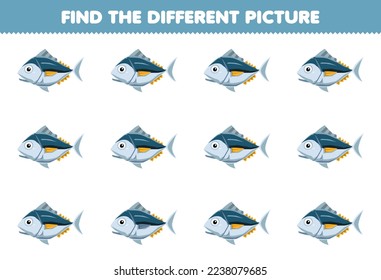 Education game for children find the different picture of cute cartoon tuna fish printable underwater worksheet