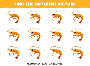 Education game for children find the different picture of cute cartoon shrimp printable underwater worksheet