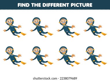 Education game for children find the different picture of cute cartoon diver printable underwater worksheet