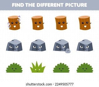 Education game for children find the different picture in each row of cute cartoon wood log stone bush grass printable nature worksheet