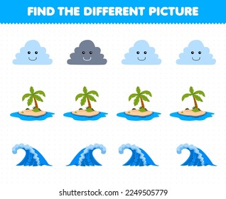 Education game for children find the different picture in each row of cute cartoon cloud island wave printable nature worksheet