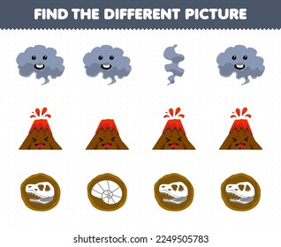 Education game for children find the different picture in each row of cute cartoon smoke volcano fossil printable nature worksheet
