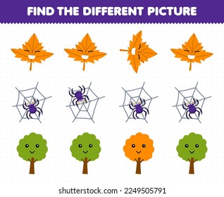 Education game for children find the different picture in each row of cute cartoon spider web maple leaf tree printable nature worksheet