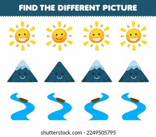 Juego de educación para los niños encuentra la imagen diferente en cada fila de la tierna caricatura del sol del río de montaña hoja de cálculo de la naturaleza imprimible