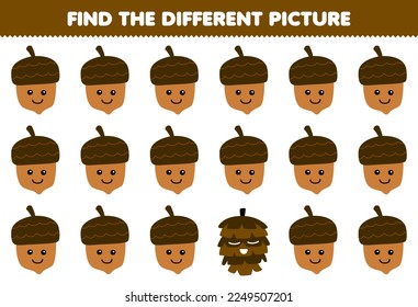Education game for children find the different picture of cute cartoon acorn printable nature worksheet