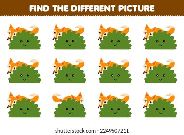Education game for children find the different picture of cute cartoon fox behind the bushes printable nature worksheet